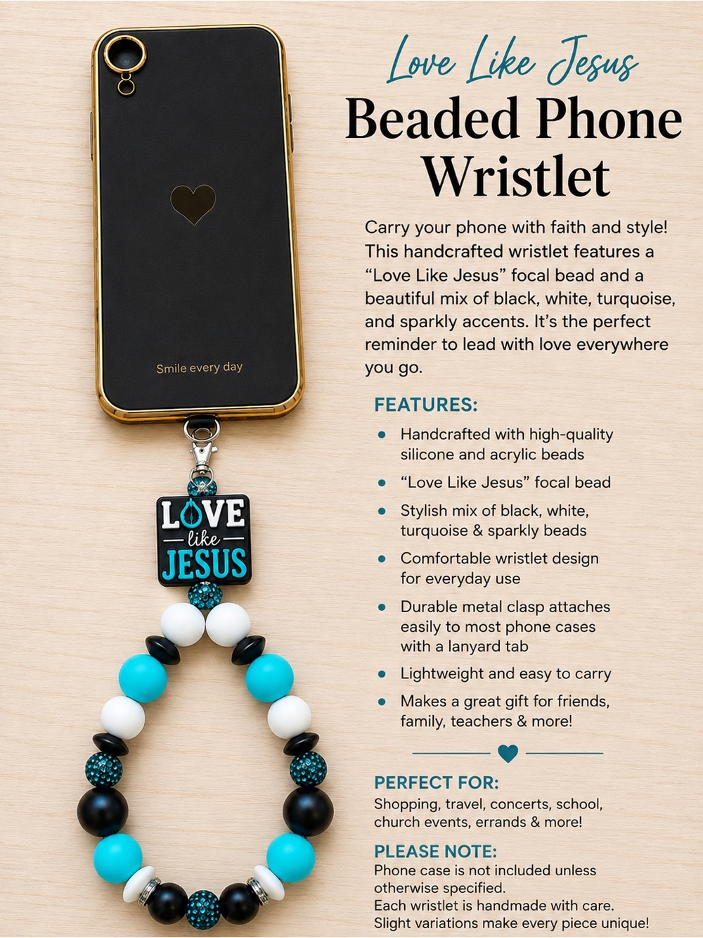 Beaded Phone Wristlet - Black/Turquoise/White